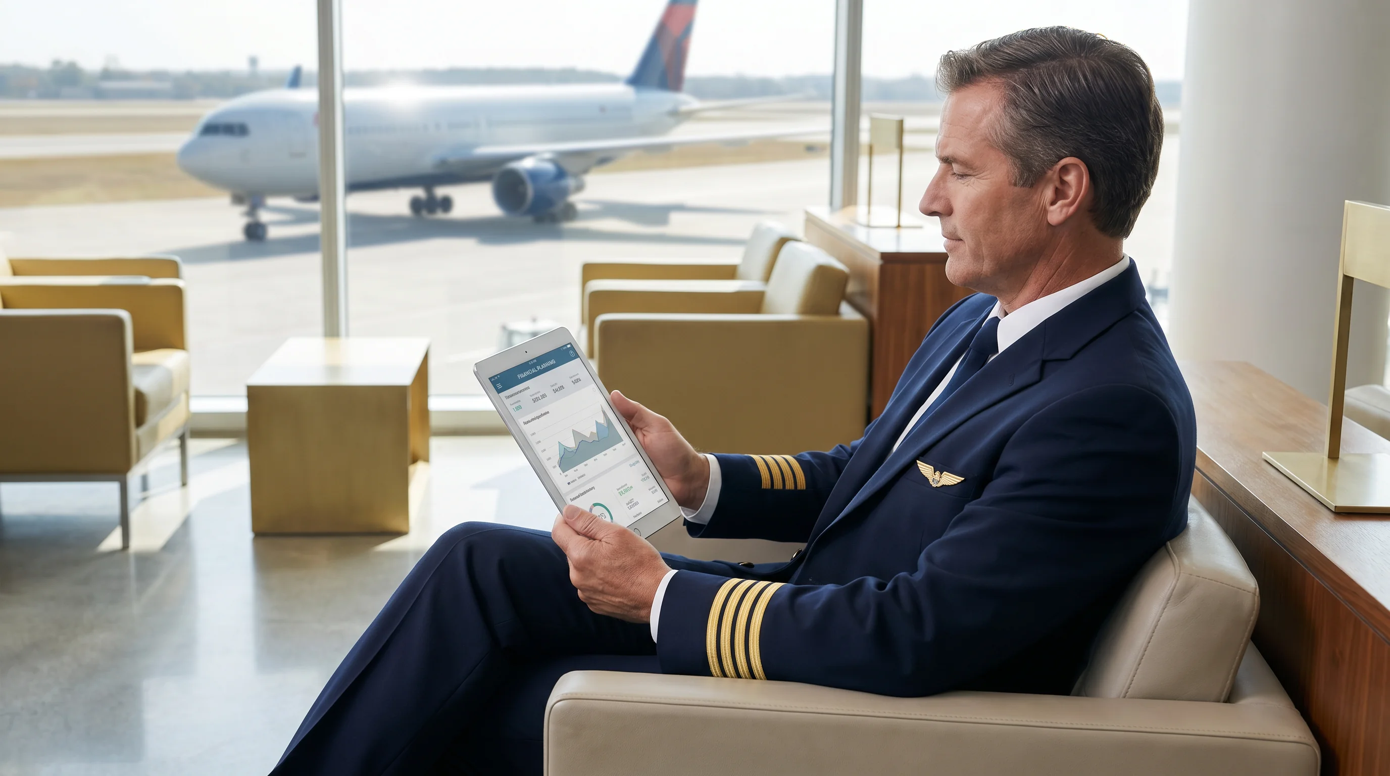 Airline captain reviewing financial planning app in airport lounge